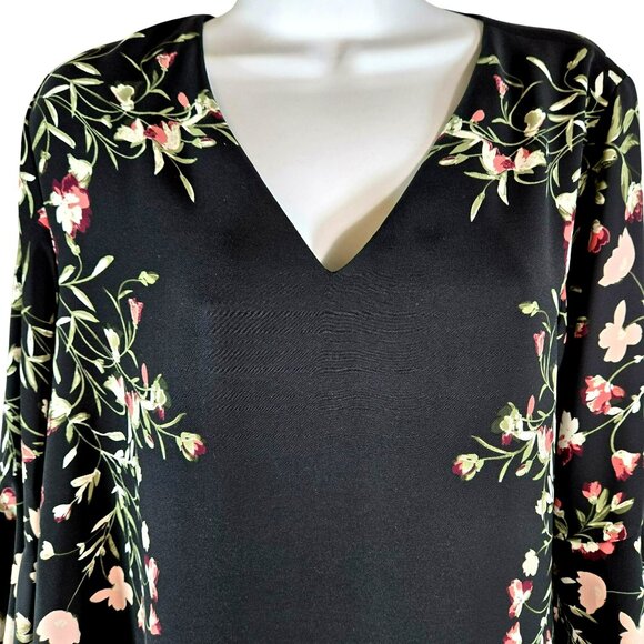 Alfani Floral Feminine Romantic Elegant Shift Dress Sz 8 Black Bell-Sleeve EUC - Picture 4 of 9